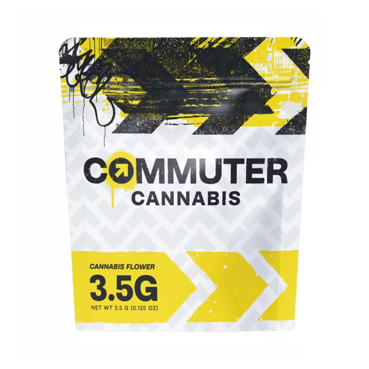 White, yellow and black Commuter Cannabis pouch with arrow graphics, labeled cannabis flower 3.5G.