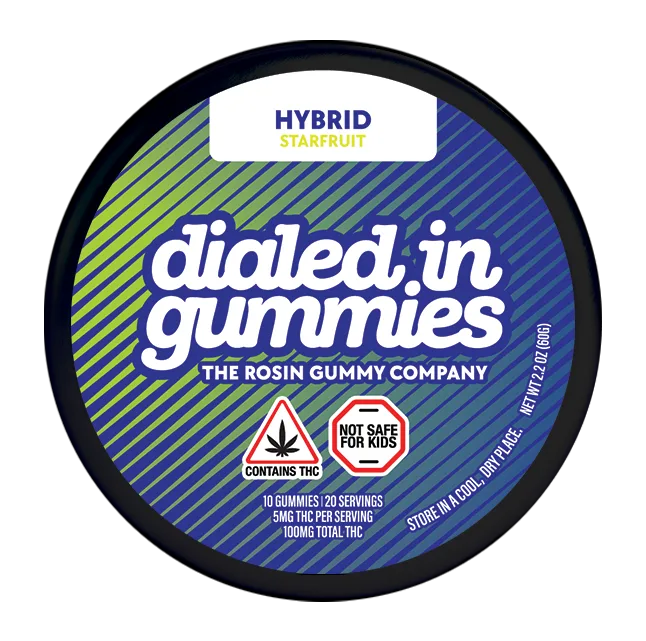 Round Dialed In Gummies tin in blue and green stripes, labeled hybrid, starfruit.