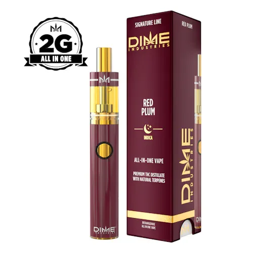 Burgundy and gold DIME Industries Signature Line Red Plum all-in-one vape box and matching pen, with a 2G all-in-one badge.