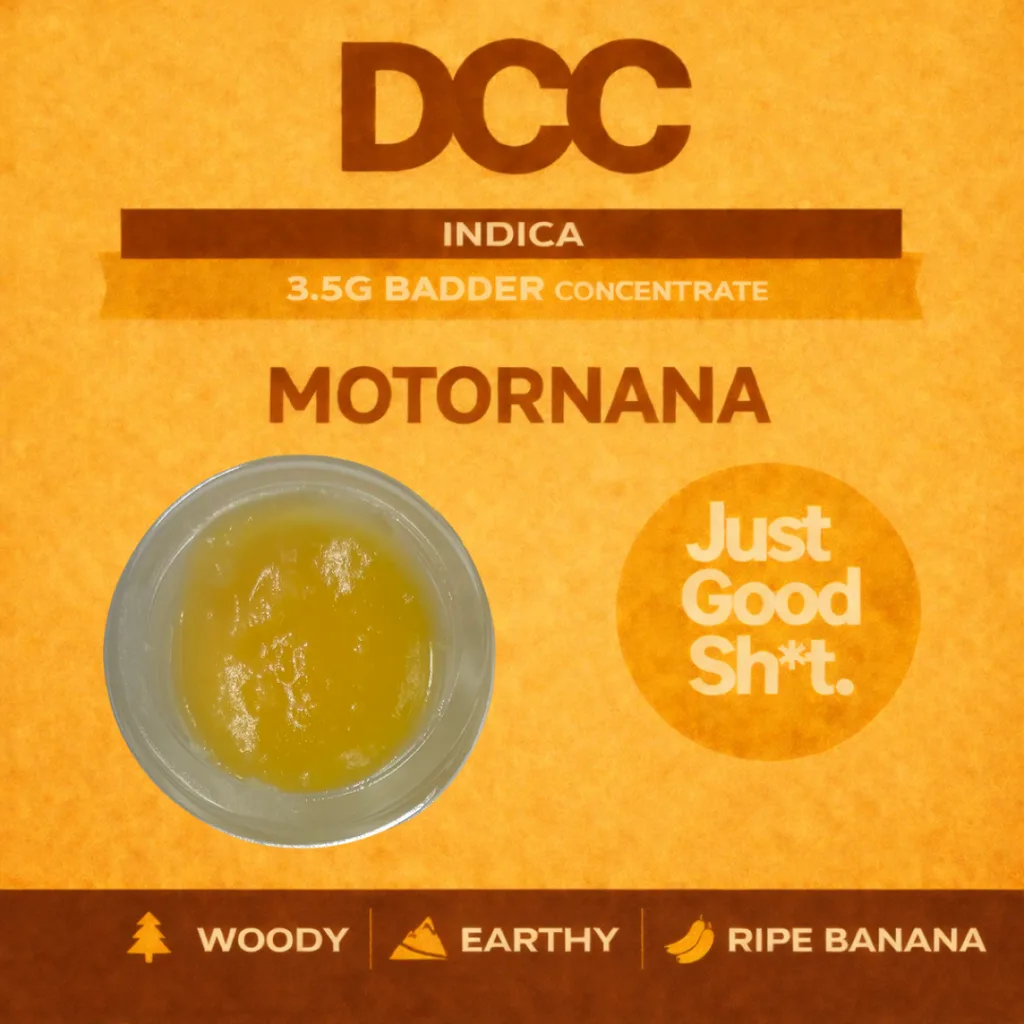 Orange DCC product card for Motornana 3.5g badder concentrate, labeled indica, showing golden badder in a jar with woody, earthy and ripe banana flavor icons.