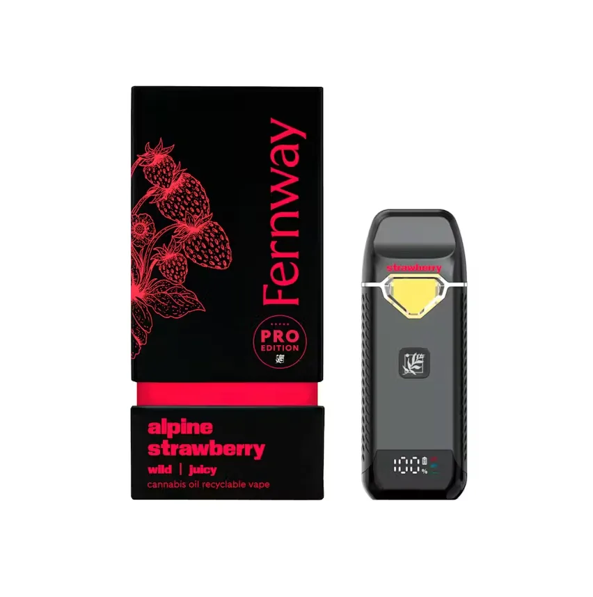 Black and red Fernway Pro Edition Alpine Strawberry box with a strawberry illustration, beside a black all-in-one vape with a digital display.
