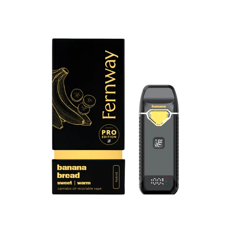 Black and yellow Fernway Pro Edition Banana Bread box with a banana illustration, beside a black all-in-one vape with a digital display.