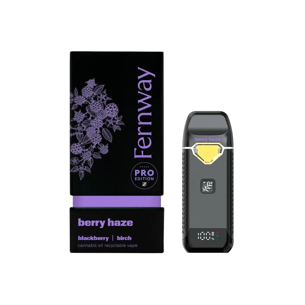 Black and purple Fernway Pro Edition Berry Haze box with a blackberry illustration, beside a black all-in-one vape with a digital display.