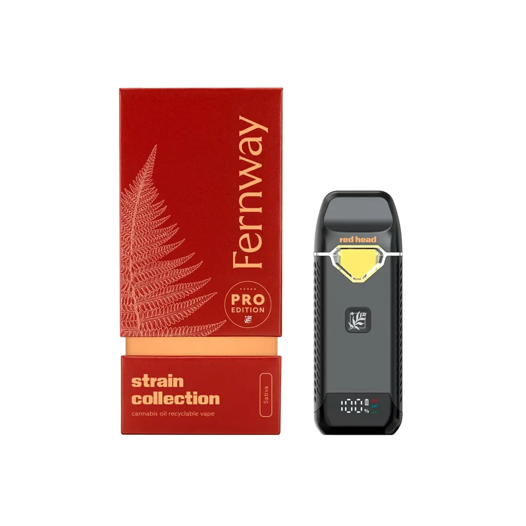 Red Fernway Pro Edition Strain Collection box with a fern illustration, beside a black all-in-one vape device with a yellow window and digital display.