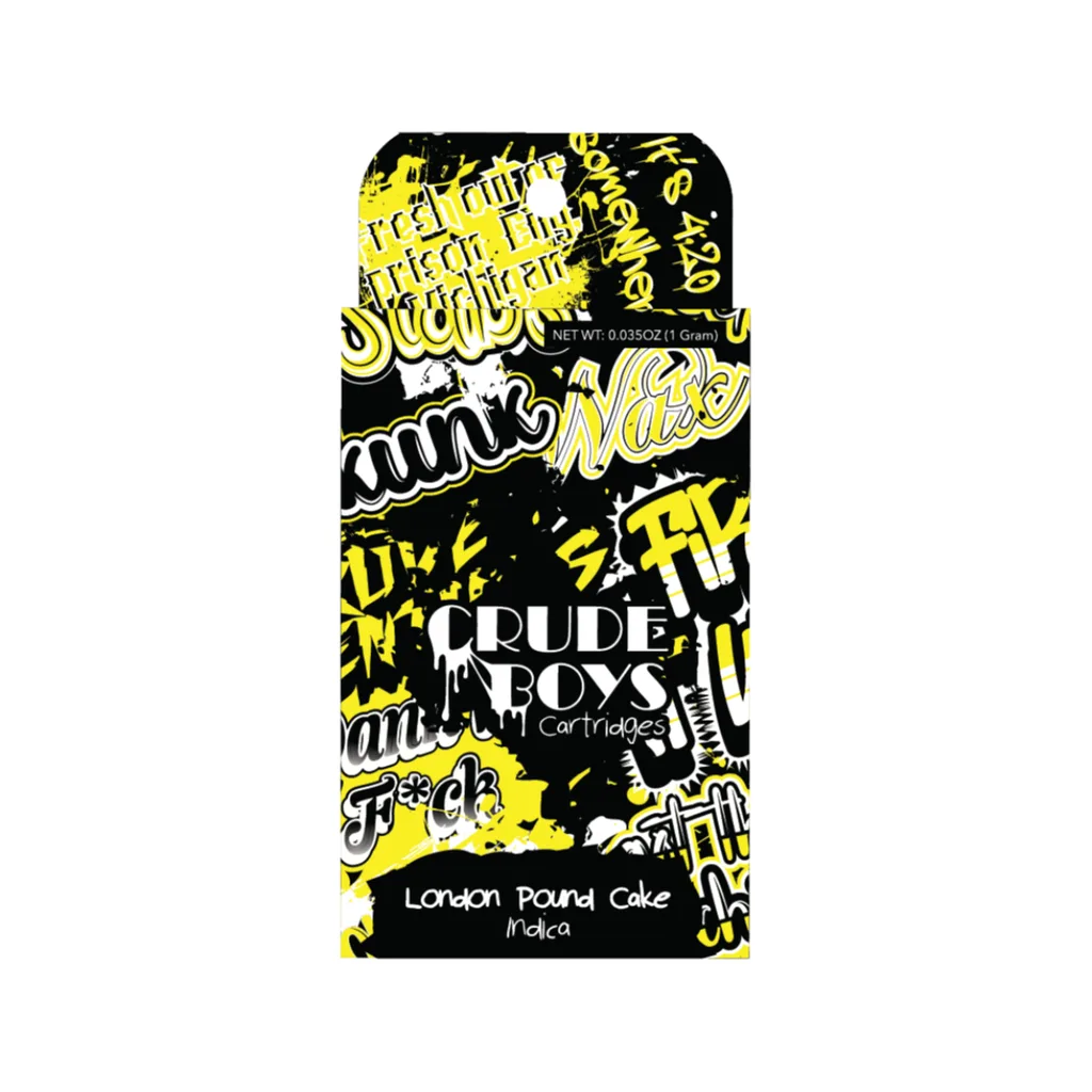 Black and yellow graffiti-print Crude Boys cartridge box labeled London Pound Cake, indica.