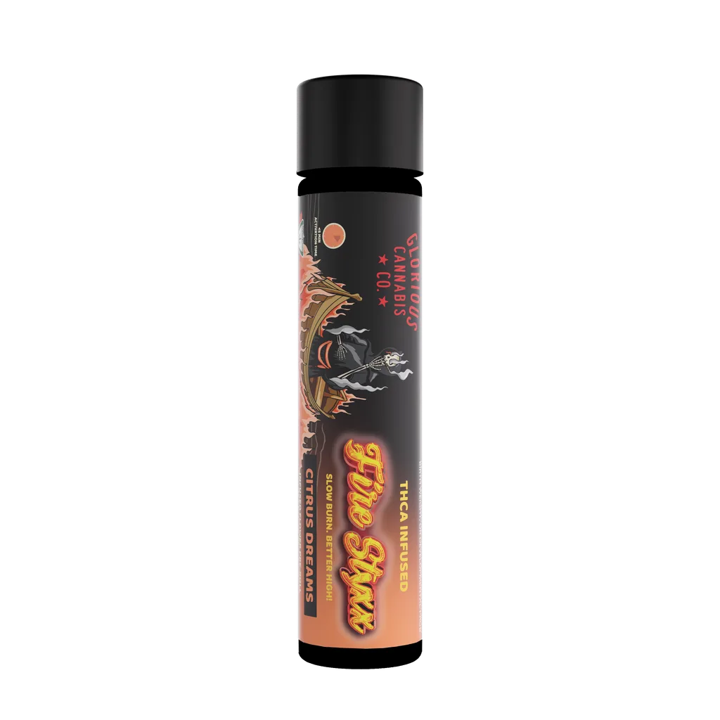 Black pre-roll tube with orange and pink artwork labeled THCa infused.