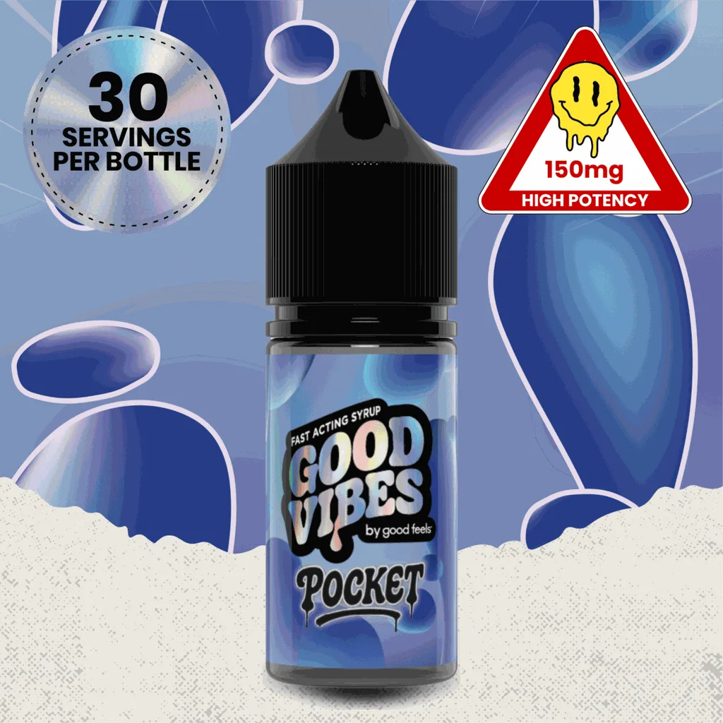 Small black Good Vibes Pocket syrup bottle with a blue label and a 150mg high-potency badge, on a blue abstract background.