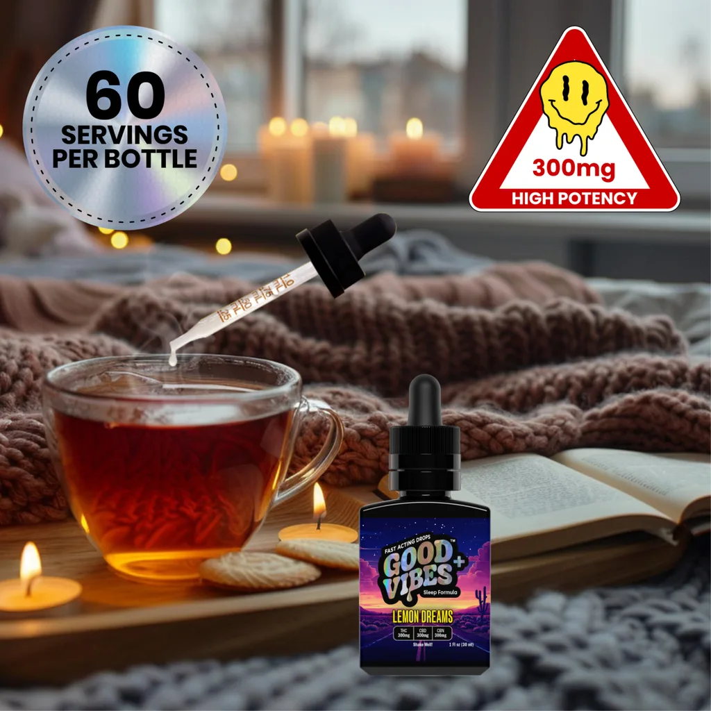 Black Good Vibes Lemon Dreams dropper bottle on an open book beside a cup of tea, candles and a knit blanket, with a 300mg high-potency badge.