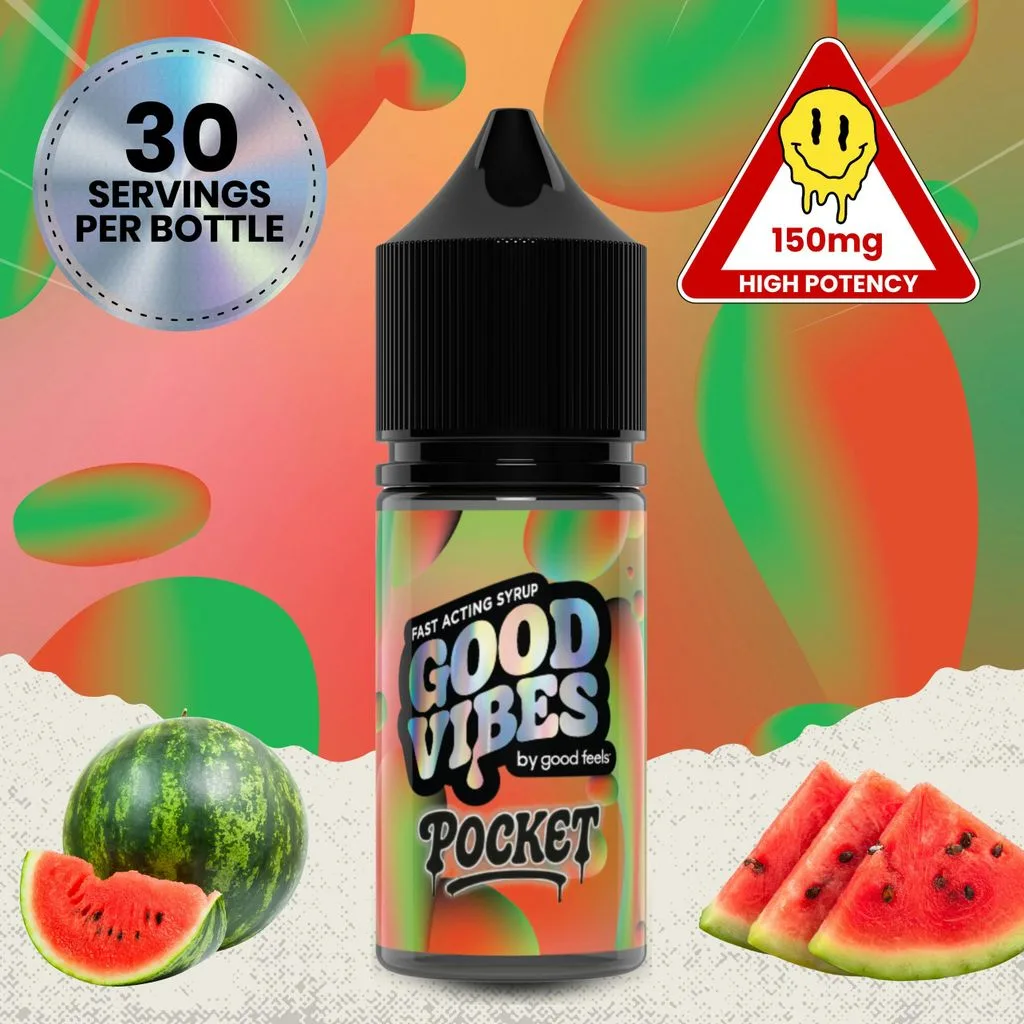 Small black Good Vibes Pocket syrup bottle with a red and green label and a 150mg high-potency badge, with watermelon slices.