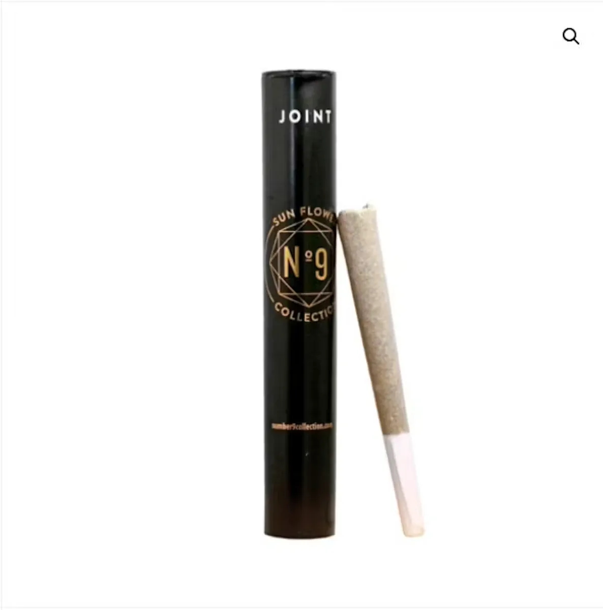 Tall black tube with a gold No. 9 Collection emblem, next to a single white-tipped pre-roll.