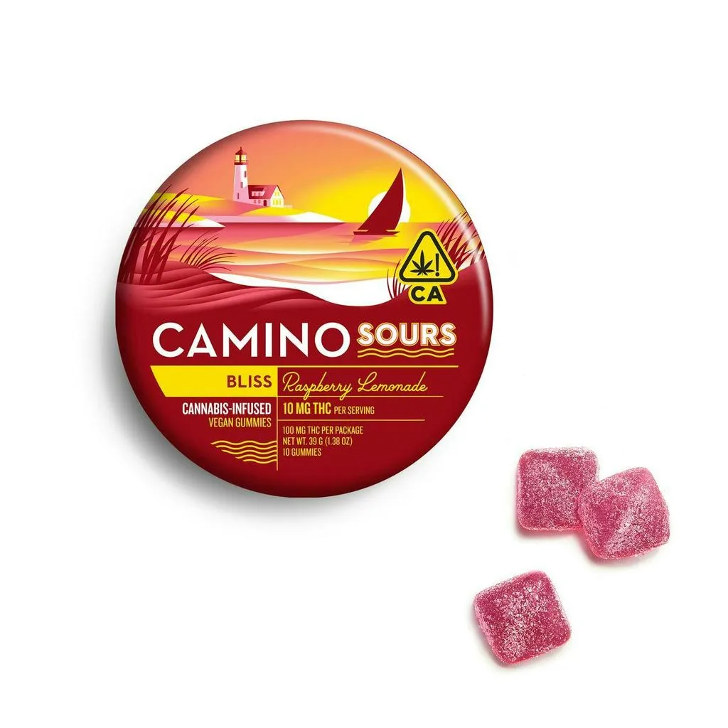 Round red KIVA Camino Sours Raspberry Lemonade tin with a lighthouse and sailboat scene, next to three pink sugar-coated gummies.