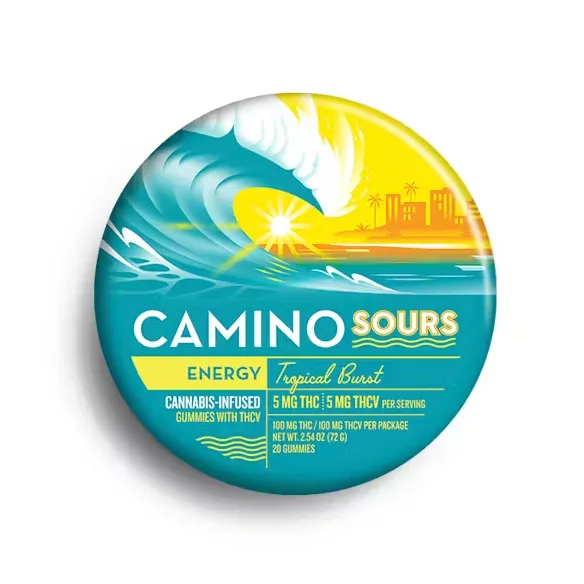 Round teal KIVA Camino Sours Tropical Burst tin with a breaking wave and city skyline illustration.