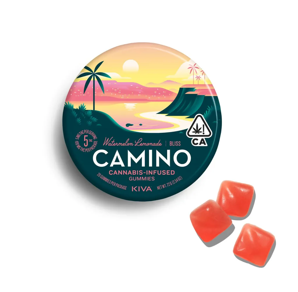 Round KIVA Camino Watermelon Lemonade tin with a palm-tree beach scene, next to three red square gummies.