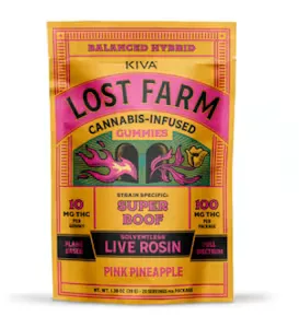 Yellow and pink KIVA Lost Farm Pink Pineapple gummies pouch with Super Boof strain callout and illustrated flame and rose artwork.