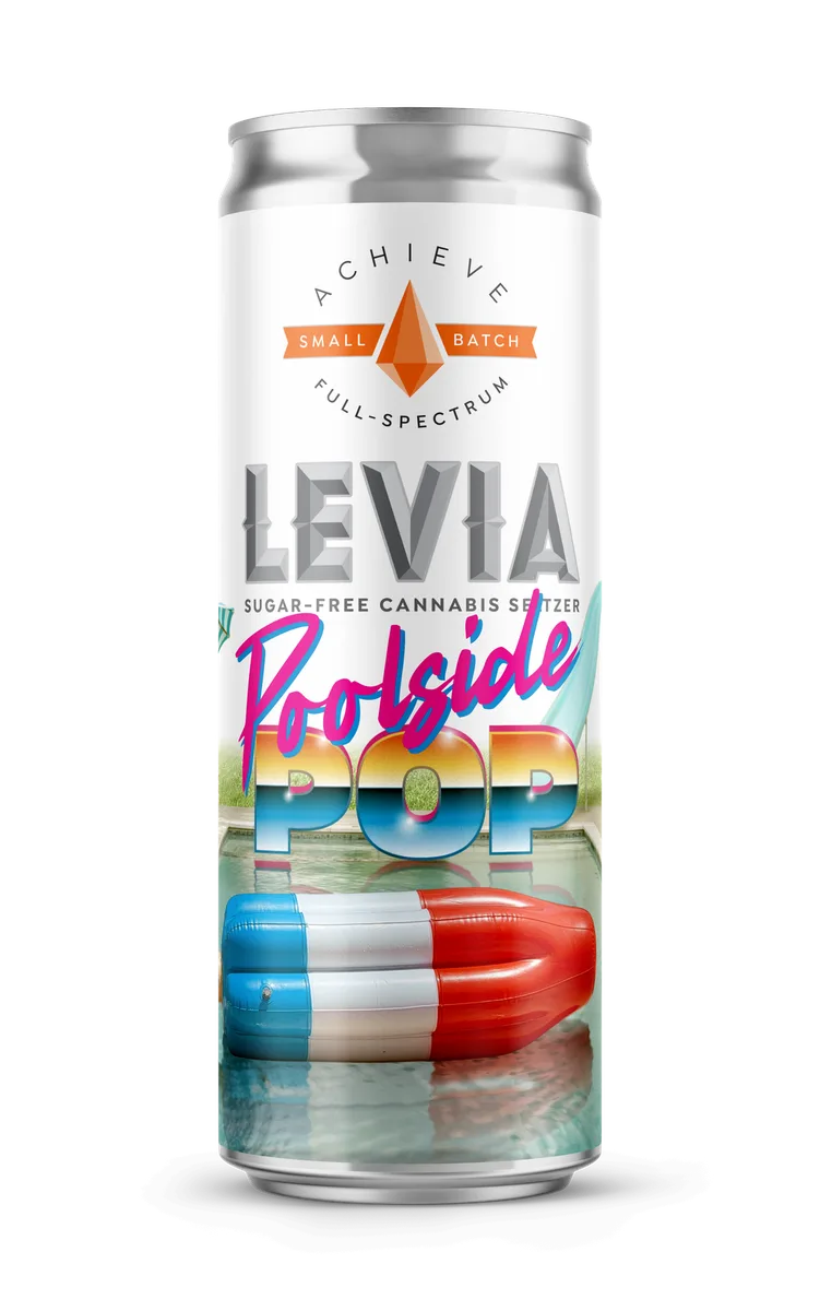Silver Levia can labeled sugar-free cannabis seltzer, with Poolside Pop lettering and a red, white and blue frozen-pop graphic.