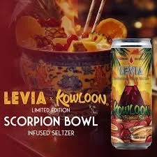Levia x Kowloon limited edition Scorpion Bowl infused seltzer can in front of a decorative punch bowl with fruit and straws.