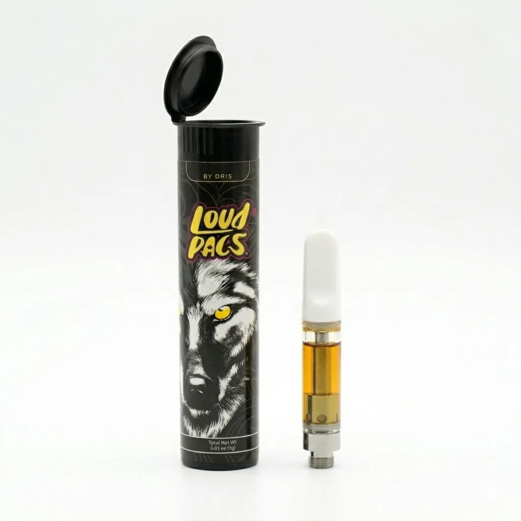 Black LoudPacs tube with a wolf illustration, lid open, beside a 510 cartridge with a white mouthpiece and amber oil.