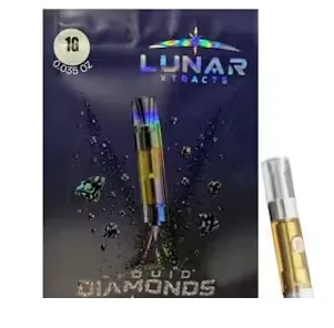 Dark blue Lunar Xtracts Liquid Diamonds pouch marked 1G, beside a 510 cartridge with golden oil.