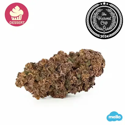 Dark purple-brown cannabis bud on a white background, with Mello and dessert badges.