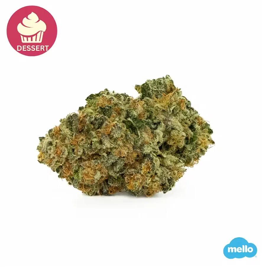 Green cannabis bud with orange hairs on a white background, with a Mello logo and dessert badge.