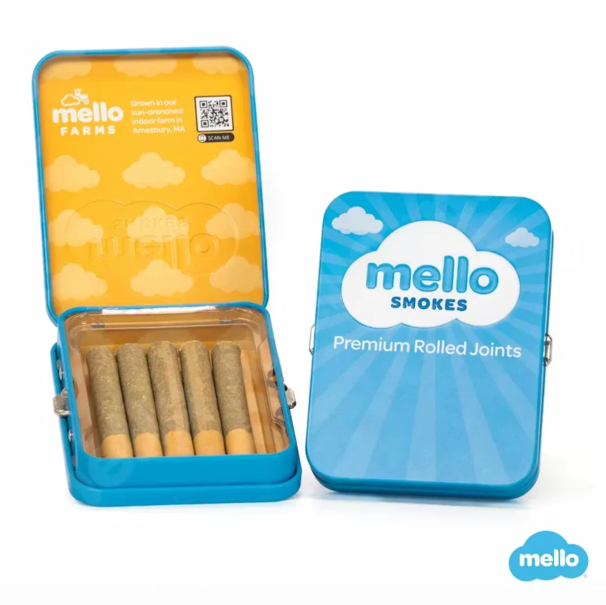 Open blue Mello Smokes tin of premium rolled joints showing several pre-rolls inside, beside the closed tin.