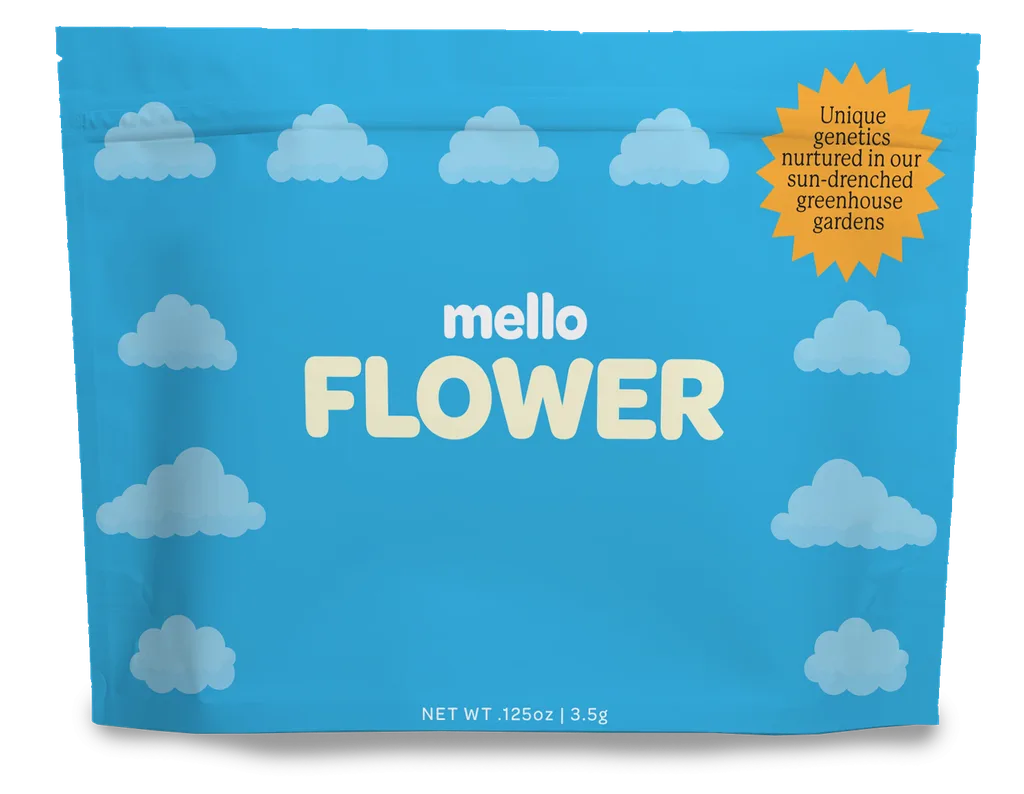 Light blue Mello Flower pouch printed with white clouds, marked net weight 3.5g.