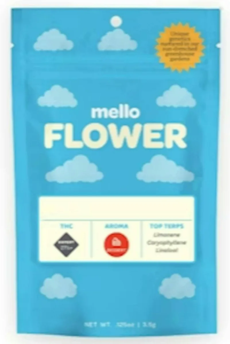 Light blue Mello Flower pouch printed with white clouds, with THC, aroma and top terpene boxes on the label.