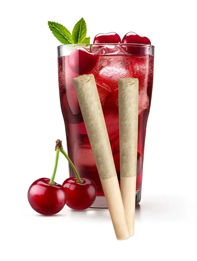 Two pre-rolls in front of a glass of iced cherry soda with fresh cherries and mint.