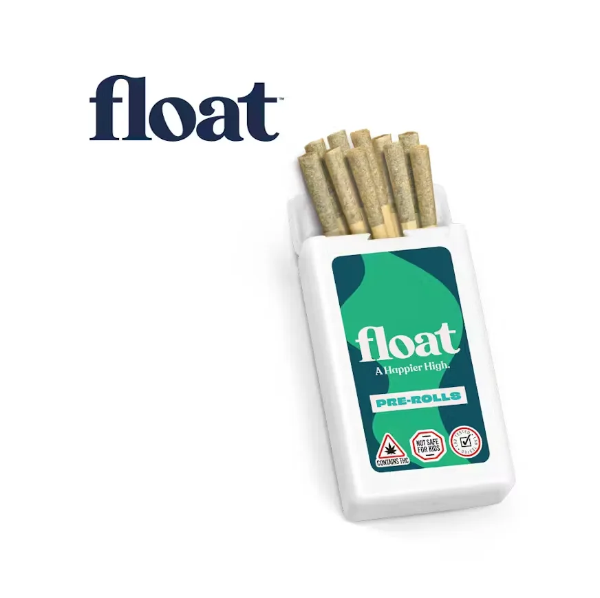 White Float pre-roll box with a green label, opened to show several pre-rolls standing upright.