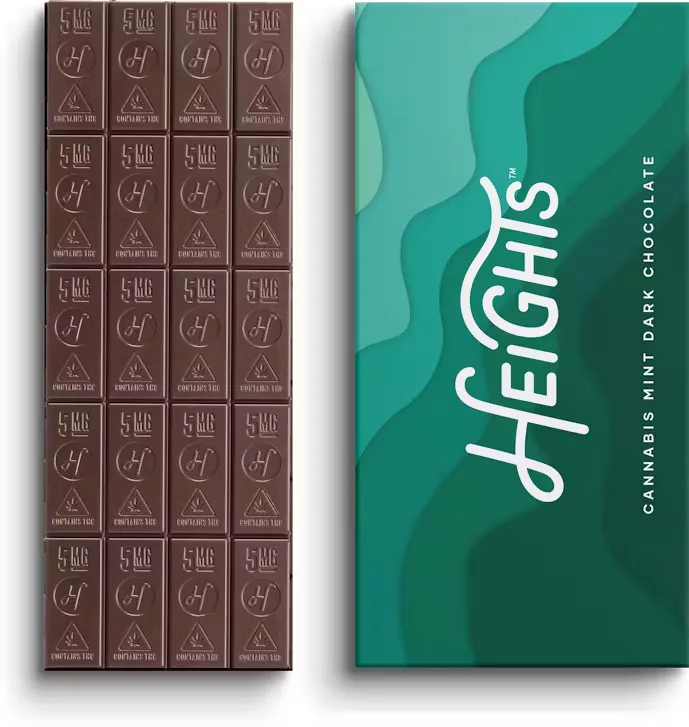 Dark chocolate bar scored into small squares next to a teal Heights Cannabis Mint Dark Chocolate wrapper.