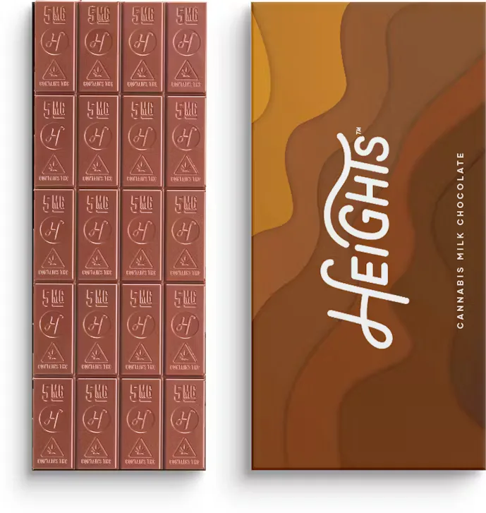 Milk chocolate bar scored into small squares next to a brown and gold Heights Cannabis Milk Chocolate wrapper.