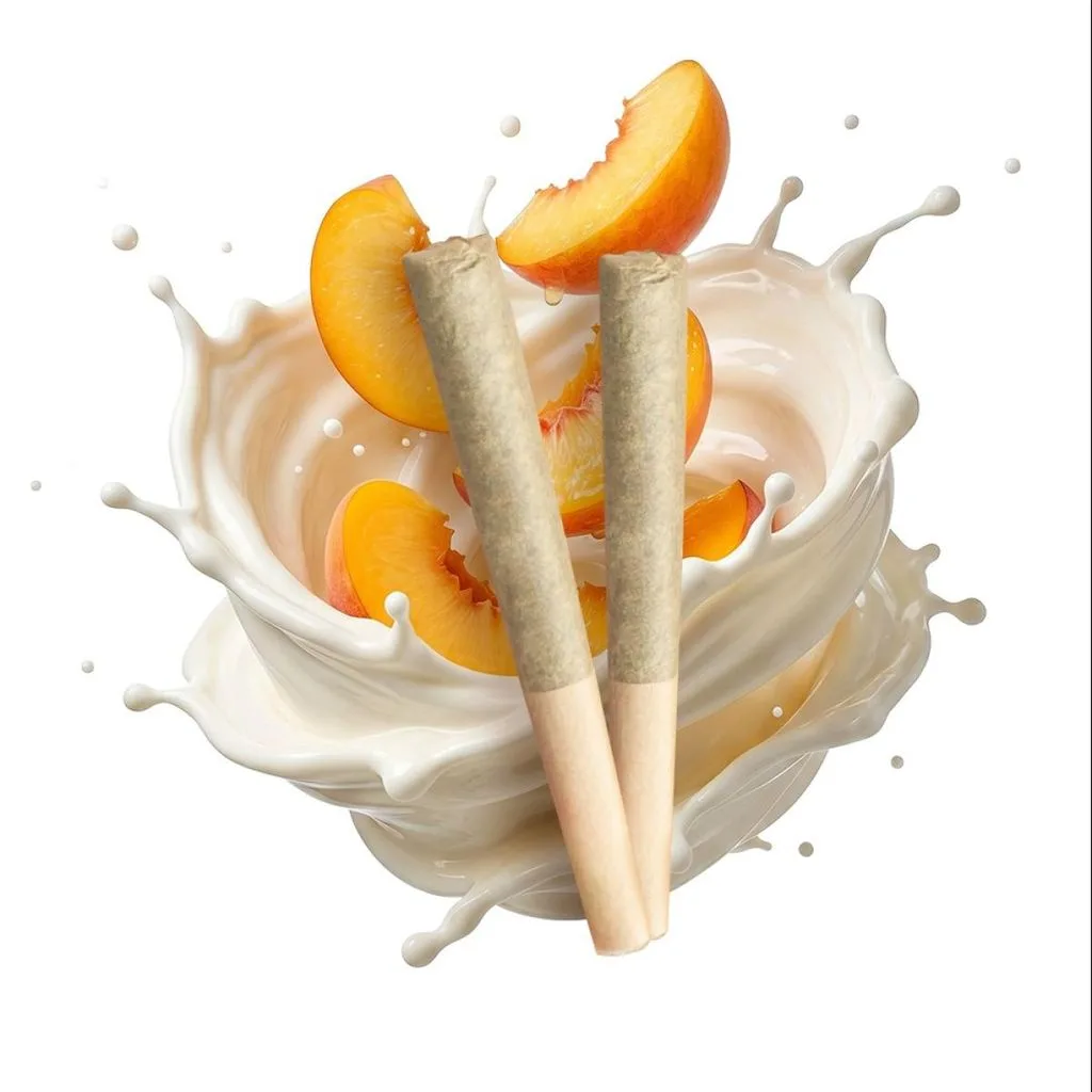 Two pre-rolls in front of a swirl of cream with sliced peaches.