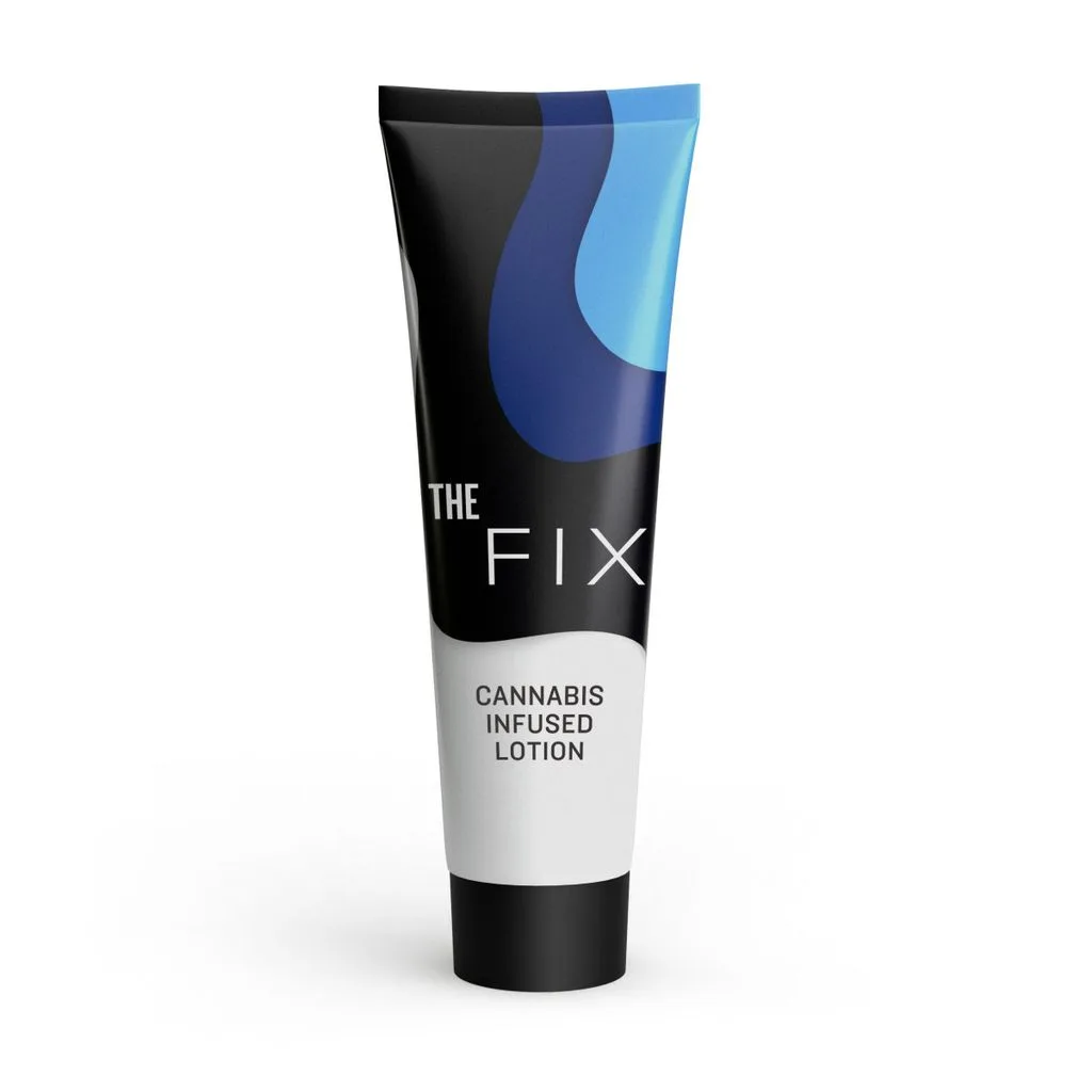 Black, white and blue squeeze tube labeled The Fix Cannabis Infused Lotion.