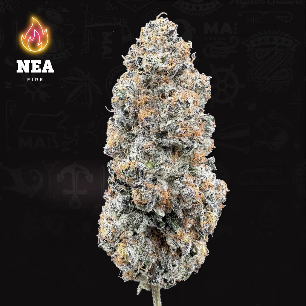 Long, frosty purple-toned cannabis bud on a black background, with the NEA Fire logo in the corner.