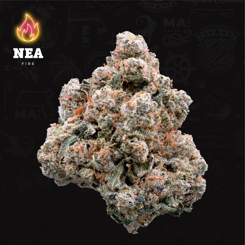 Dense purple-tinged cannabis bud with orange hairs on a black background, with the NEA Fire logo in the corner.