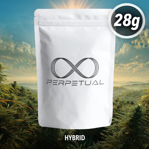 White Perpetual pouch with an infinity logo, labeled hybrid and 28g, over a cannabis field background.