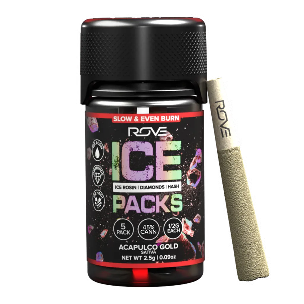Black Rove Ice Packs jar with pink and purple crystal graphics labeled Acapulco Gold sativa, five pack, with a single pre-roll beside it.