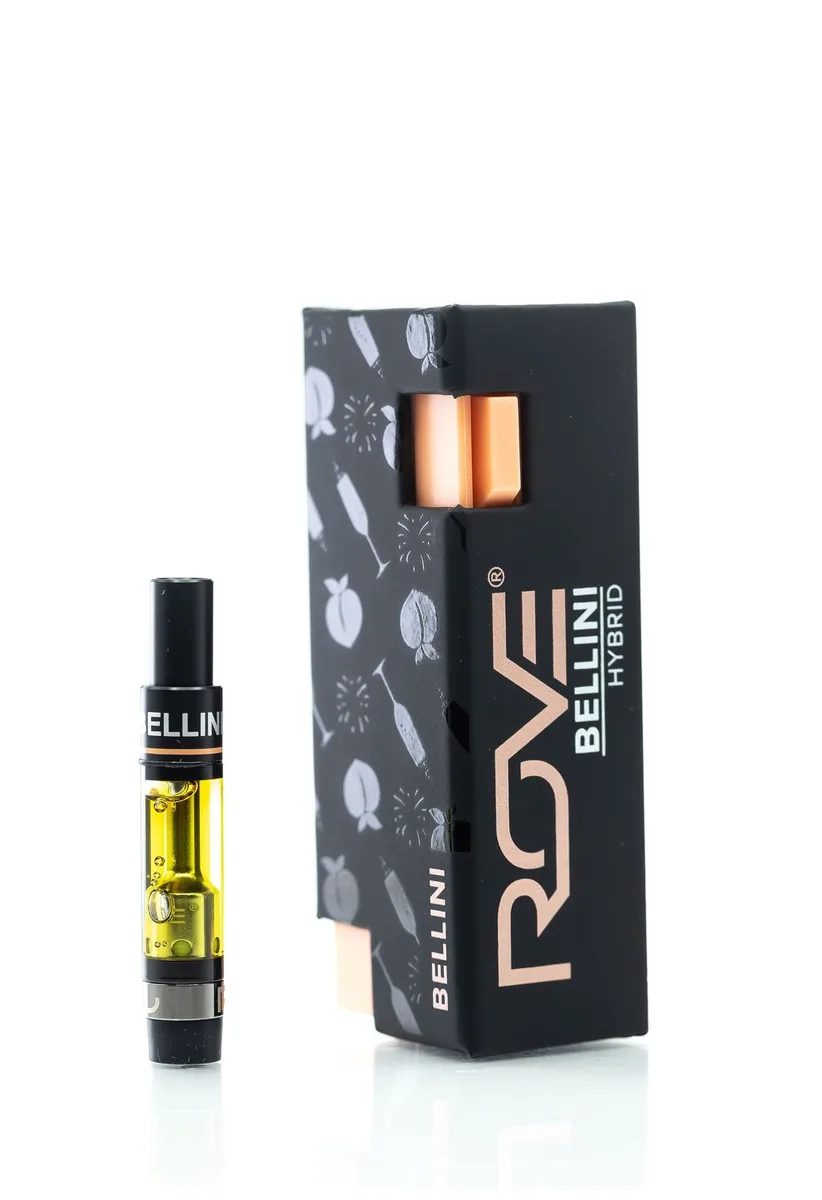 Black Rove Bellini hybrid box with copper accents and a line-art pattern, beside a 510 cartridge with golden oil.