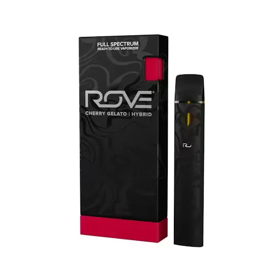 Black and red Rove full spectrum ready-to-use vaporizer box labeled Cherry Gelato, hybrid, beside a slim black vape pen.