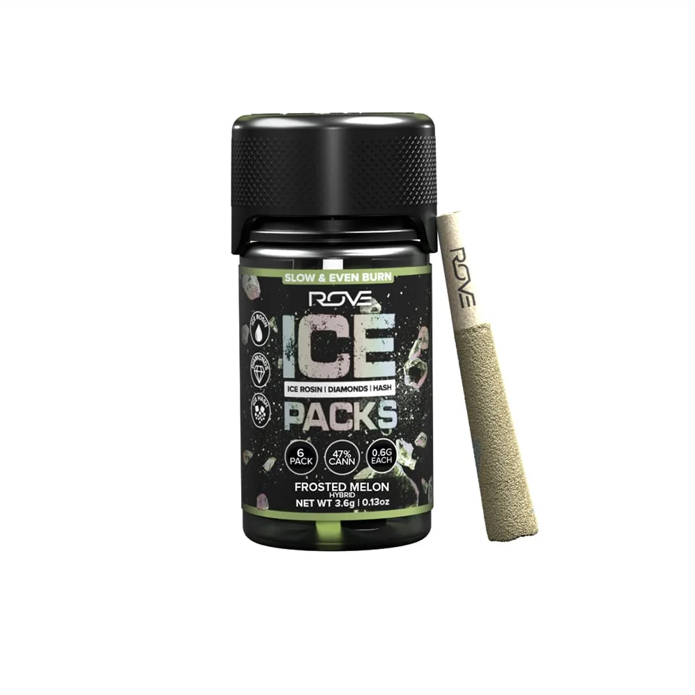Black Rove Ice Packs jar with green accents labeled Frosted Melon, with a single pre-roll leaning against it.