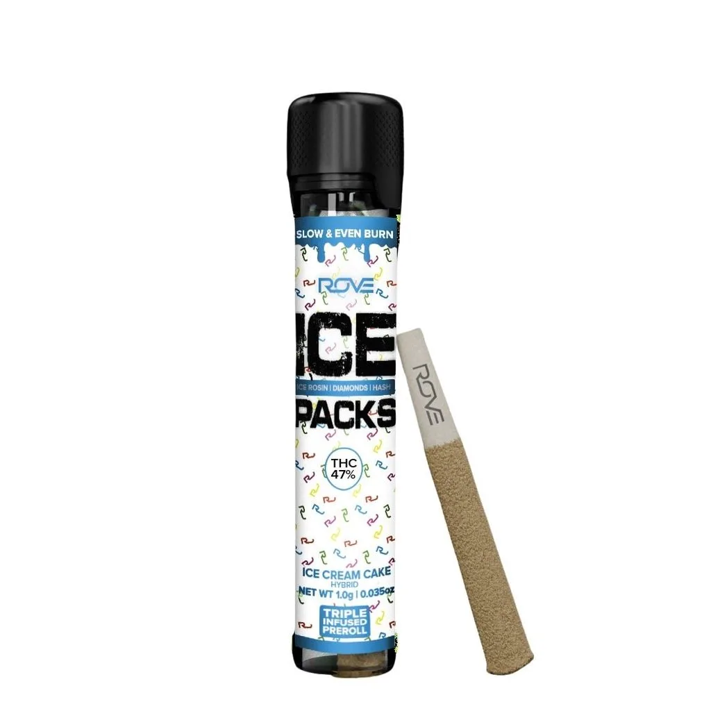 White Rove Ice Packs tube labeled Ice Cream Cake beside a single pre-roll with a white Rove filter tip.