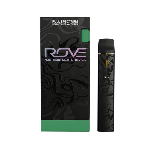 Black and green Rove full spectrum ready-to-use vaporizer box labeled Northern Lights, indica, beside a slim black vape pen.