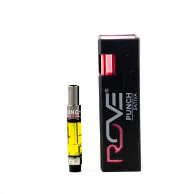Black and pink Rove Punch sativa box beside a 510 cartridge with golden oil.