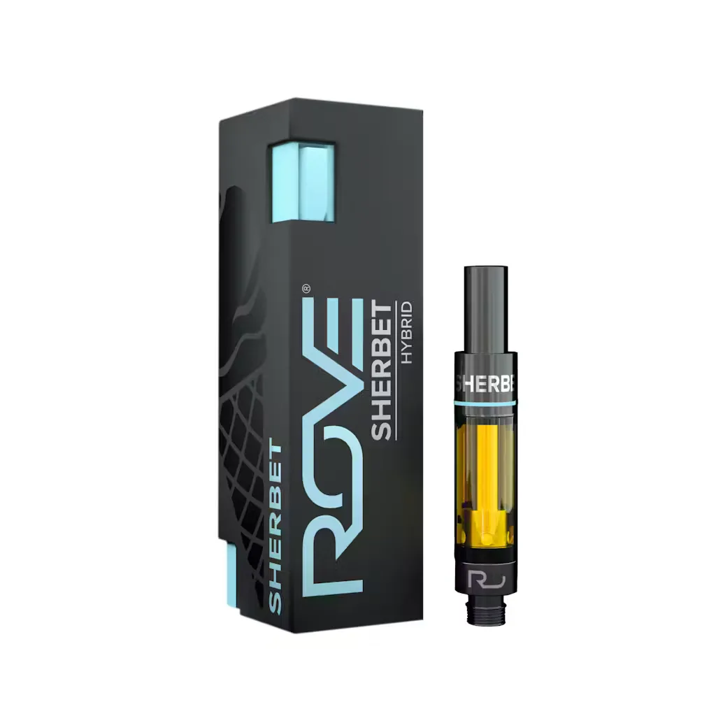 Black and light blue Rove Sherbet hybrid box beside a 510 cartridge with golden oil and a black mouthpiece.
