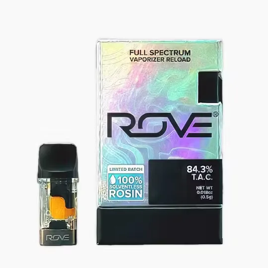 Iridescent Rove Full Spectrum Vaporizer Reload box marked 100% solventless rosin, limited batch, 0.5g, beside a black pod with amber oil.