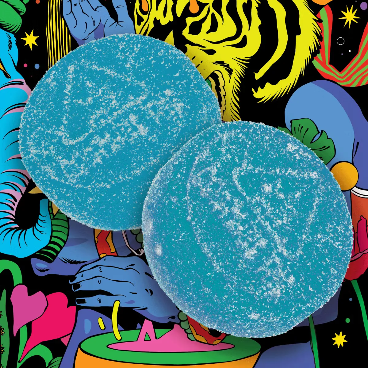 Two blue sugar-coated round gummies on a brightly colored illustrated background.
