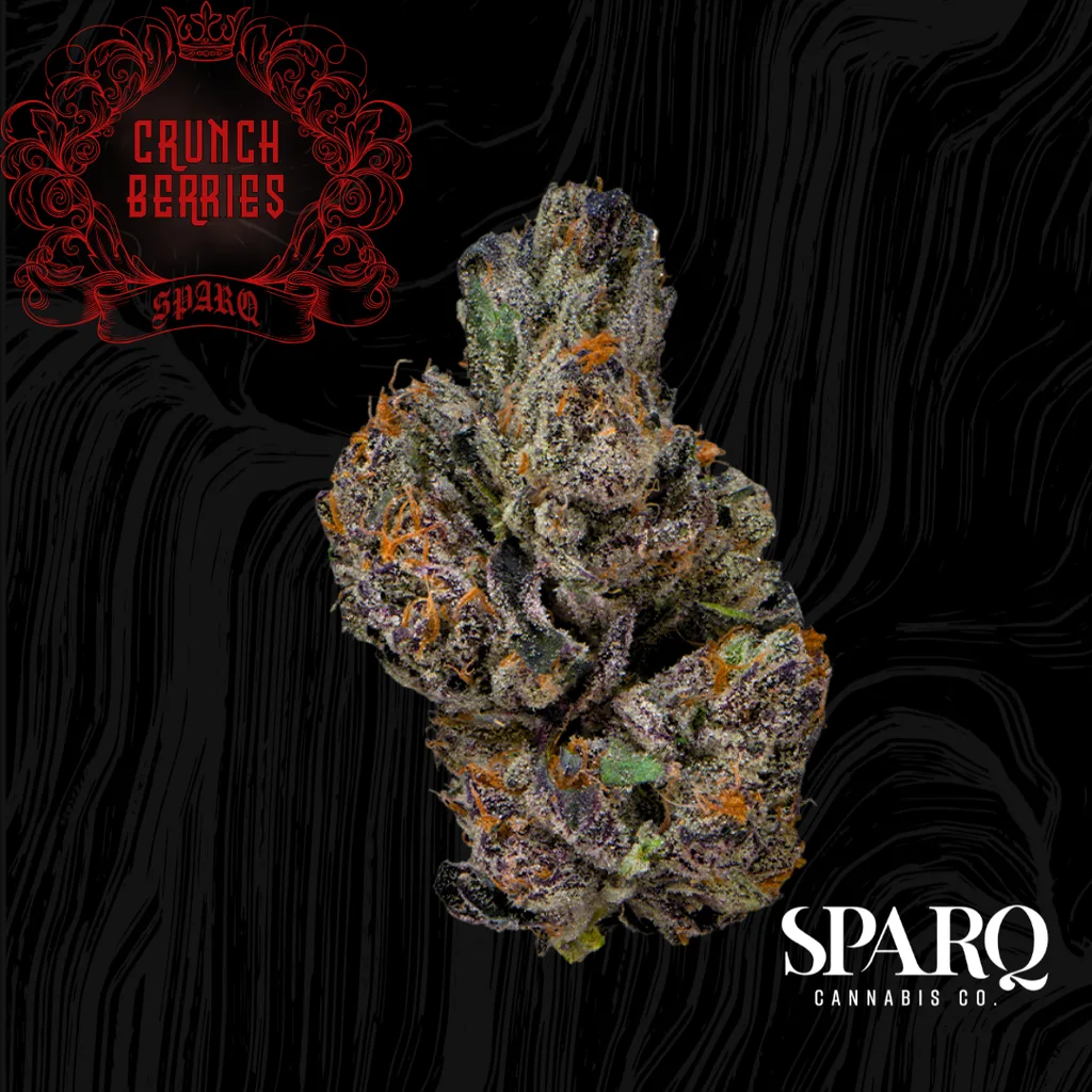 Purple cannabis bud with orange hairs on a black swirl background, with a red Crunch Berries crest and the Sparq Cannabis Co. logo.