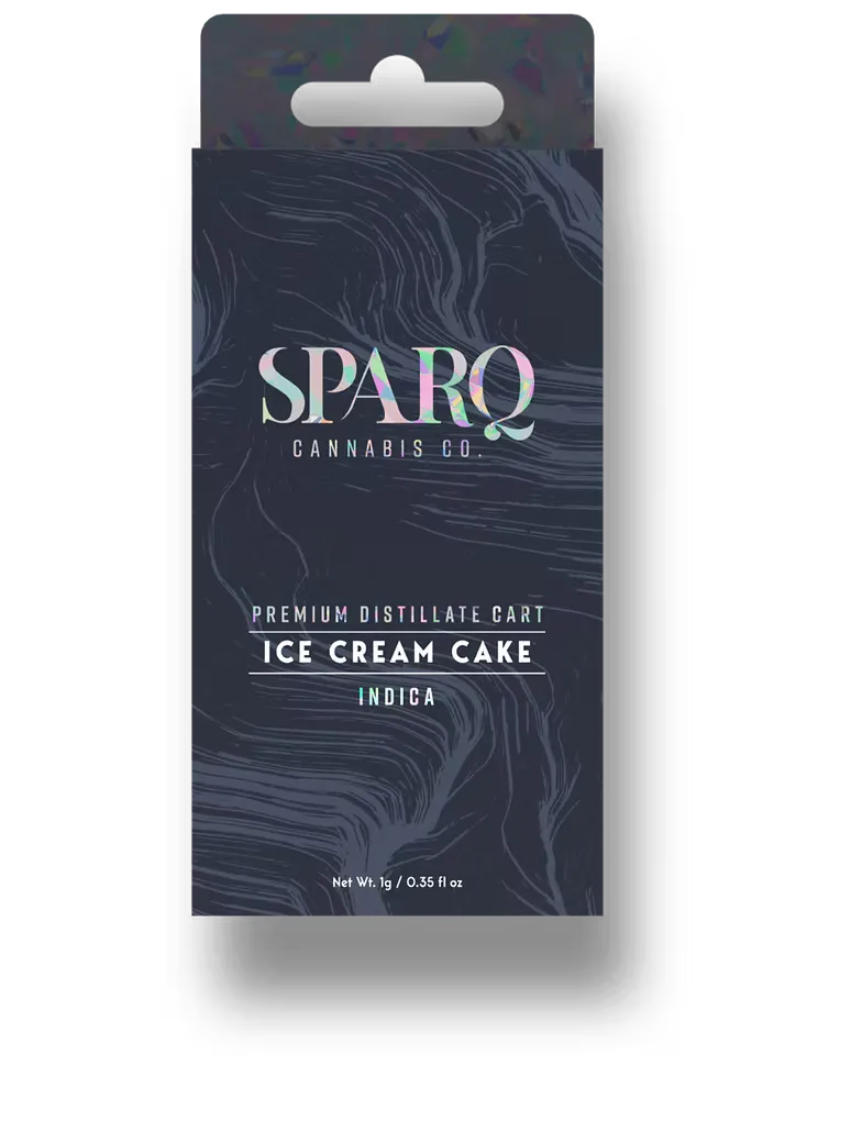 Dark grey Sparq Cannabis Co. cartridge box with contour-line pattern, labeled Ice Cream Cake, indica.