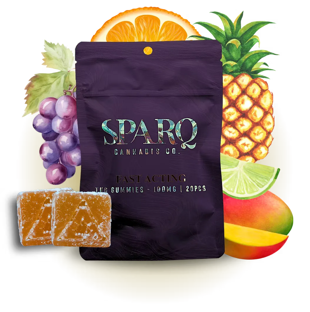 Dark purple Sparq Cannabis Co. pouch with two square orange gummies, surrounded by grapes, orange, pineapple, lime and mango.