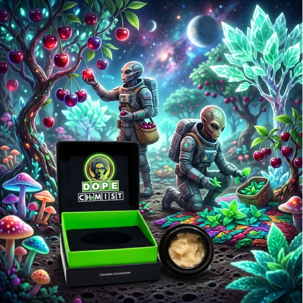 Dope Chemist box with an open jar of live rosin, in front of an illustration of astronaut figures picking cherries in a glowing garden.